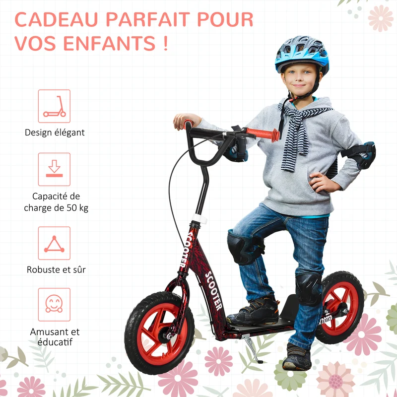 Trottinette enfant grandes roues 118 x 52 x 88 cm frein arrière plateau antidérapant sûr design moderne en acier rouge 21_0000686