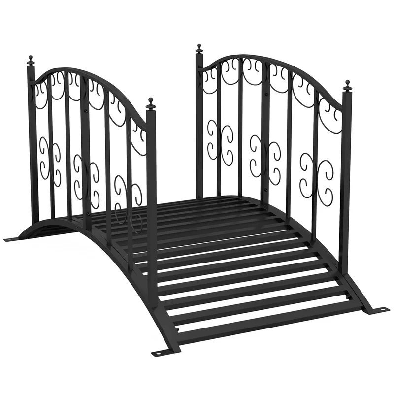 Pont de jardin courbé avec garde-corps 119 x 67 x 70 cm traversée sécurisée ornements décoratif vintage en acier noir 21_0003992