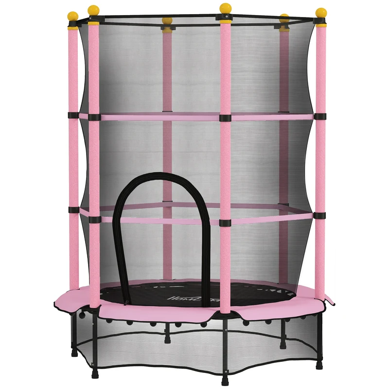 Trampoline rond enfant filet sécurité porte zippée 140 x 190 cm couvre-ressorts 6 poteaux rembourrés design en PP rose 21_0000335