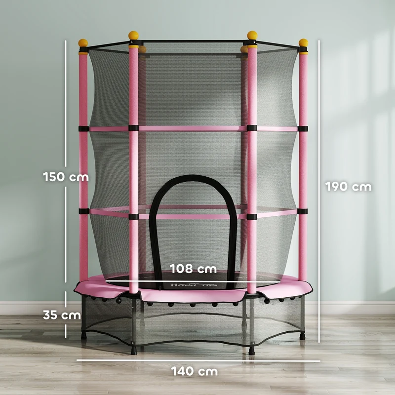 Trampoline rond enfant filet sécurité porte zippée 140 x 190 cm couvre-ressorts 6 poteaux rembourrés design en PP rose 21_0000335