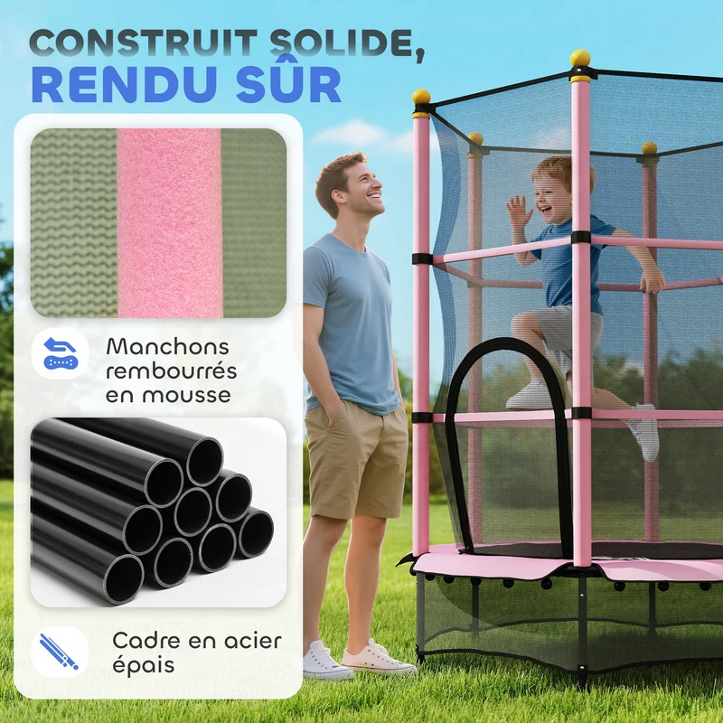Trampoline rond enfant filet sécurité porte zippée 140 x 190 cm couvre-ressorts 6 poteaux rembourrés design en PP rose 21_0000335
