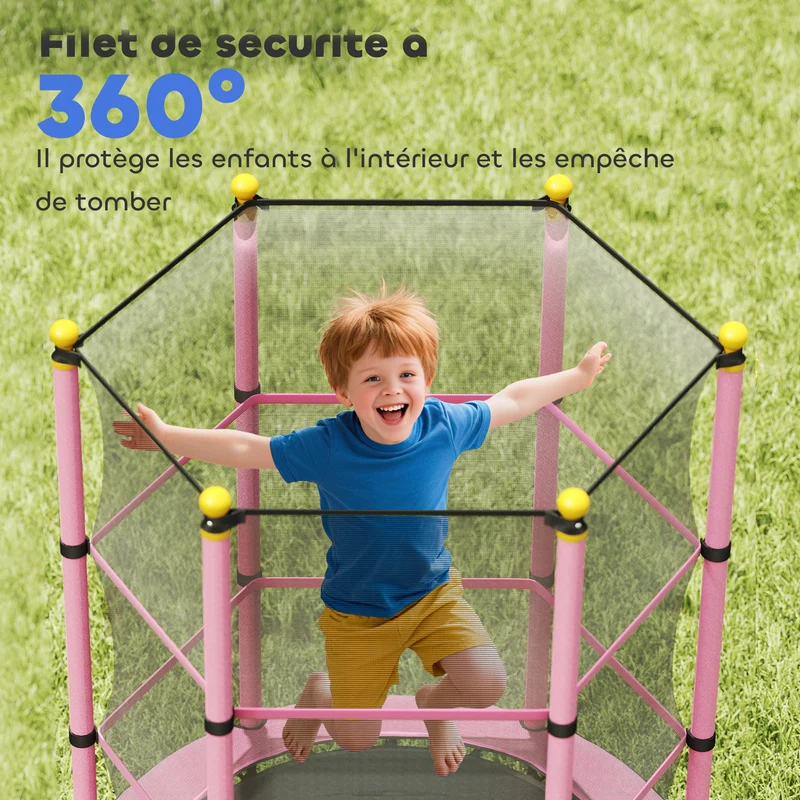 Trampoline rond enfant filet sécurité porte zippée 140 x 190 cm couvre-ressorts 6 poteaux rembourrés design en PP rose 21_0000335