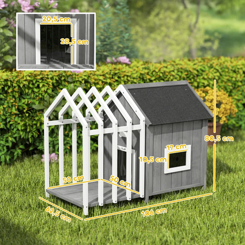 Niche pour chien extérieure avec terrasse 106 x 62,5 x 80,5 cm toit asphalte pieds surélevés scandinave en bois gris 21_0007312