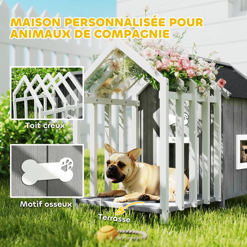 Niche pour chien extérieure avec terrasse 106 x 62,5 x 80,5 cm toit asphalte pieds surélevés scandinave en bois gris 21_0007312