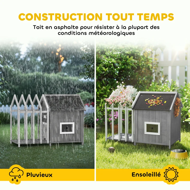 Niche pour chien extérieure avec terrasse 106 x 62,5 x 80,5 cm toit asphalte pieds surélevés scandinave en bois gris 21_0007312