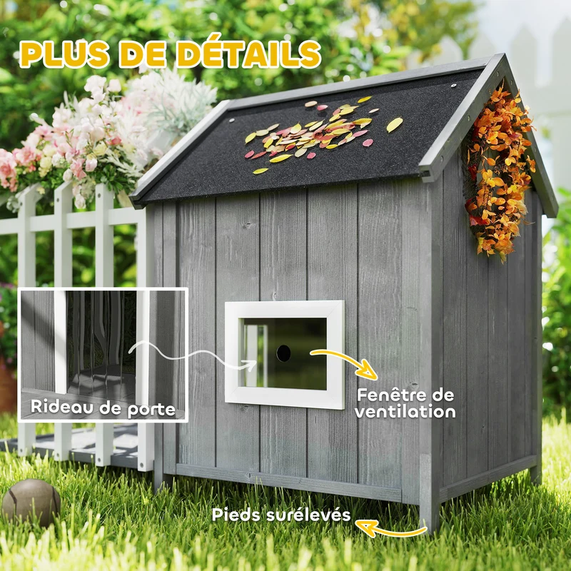 Niche pour chien extérieure avec terrasse 106 x 62,5 x 80,5 cm toit asphalte pieds surélevés scandinave en bois gris 21_0007312