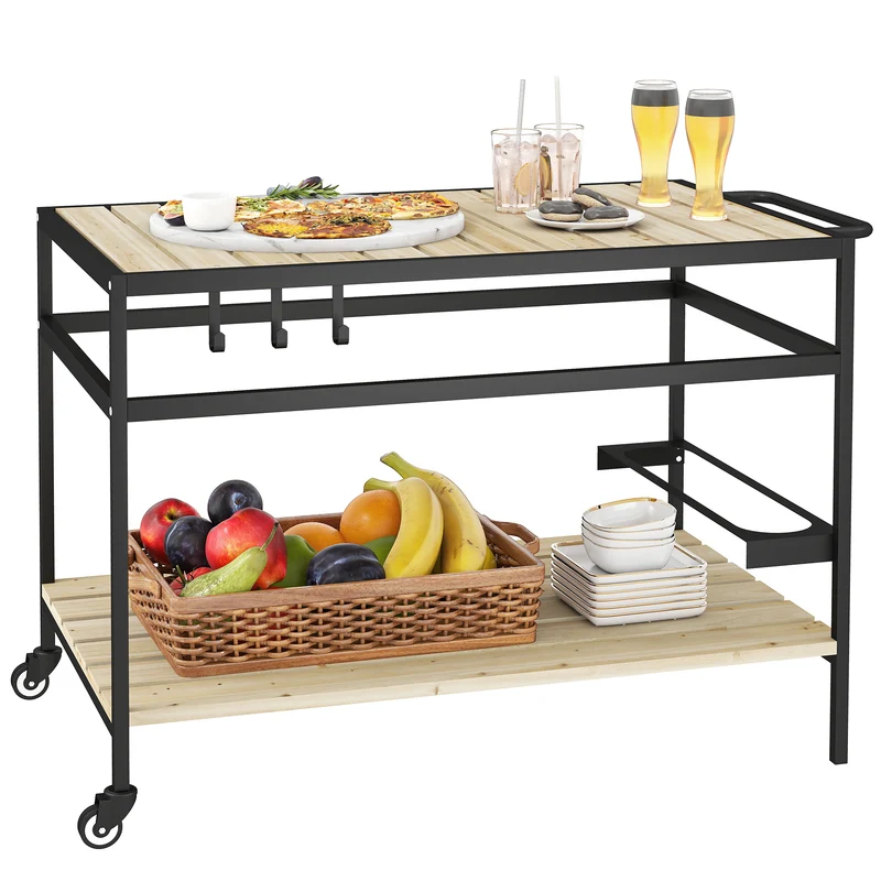 Desserte chariot pour plancha 107 x 65 x 80 cm 2 étagères 3 crochets contemporain industriel extérieur en bois naturel 21_0004709