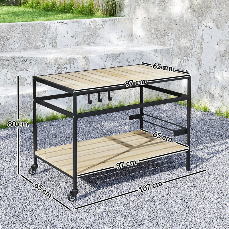 Desserte chariot pour plancha 107 x 65 x 80 cm 2 étagères 3 crochets contemporain industriel extérieur en bois naturel 21_0004709