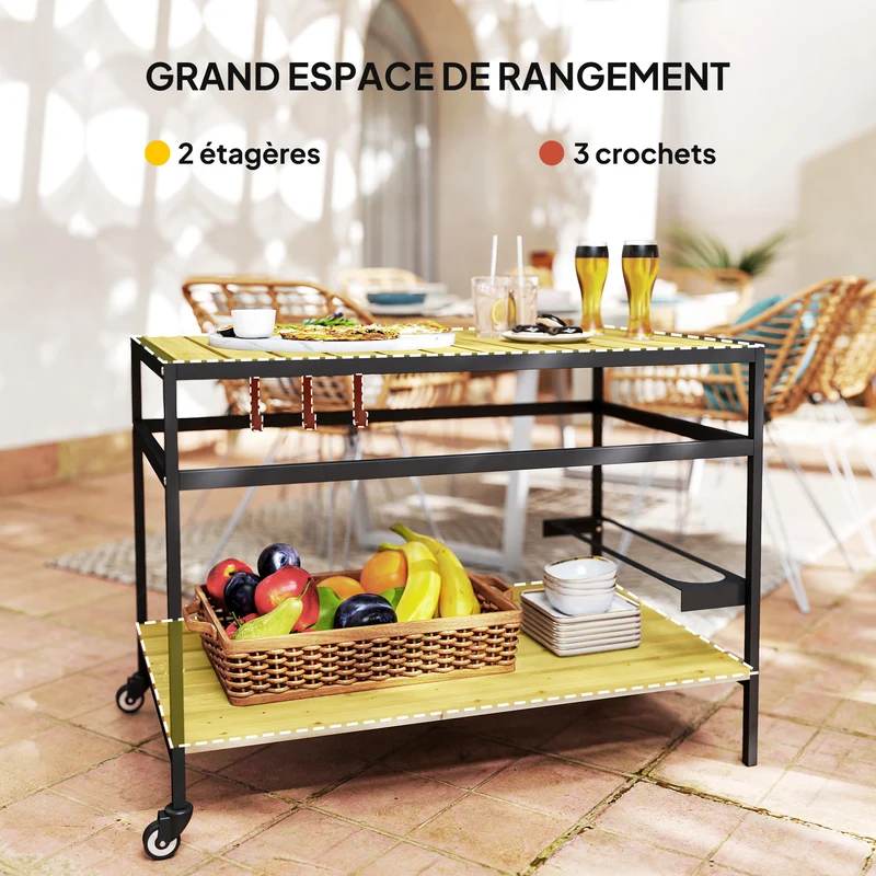 Desserte chariot pour plancha 107 x 65 x 80 cm 2 étagères 3 crochets contemporain industriel extérieur en bois naturel 21_0004709