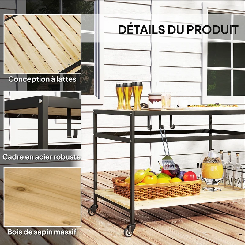 Desserte chariot pour plancha 107 x 65 x 80 cm 2 étagères 3 crochets contemporain industriel extérieur en bois naturel 21_0004709