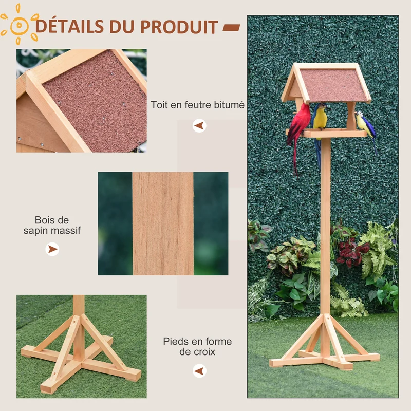 Mangeoire à oiseaux sur pied 55 x 55 x 144 cm toit anti pluie pieds en croix stabilité style rustique en bois naturel 21_0007565