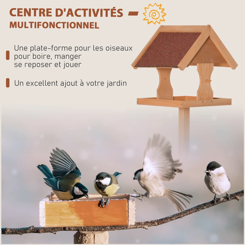 Mangeoire à oiseaux sur pied 55 x 55 x 144 cm toit anti pluie pieds en croix stabilité style rustique en bois naturel 21_0007565
