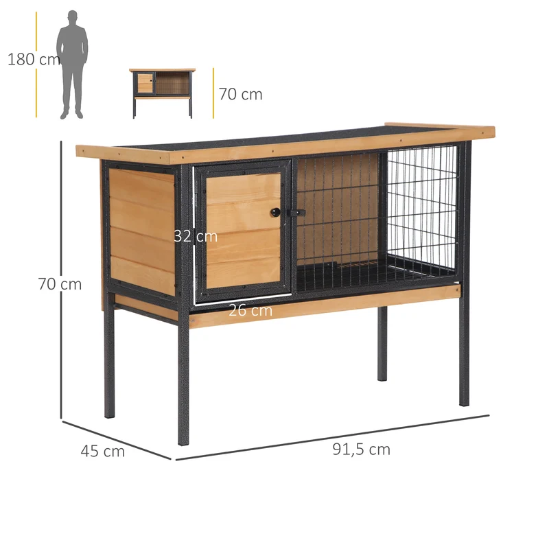 Clapier surélevé pour lapins 91.5 x 45 x 70 cm toit ouvrant plateau coulissant rustique design extérieur en bois naturel 21_0007913