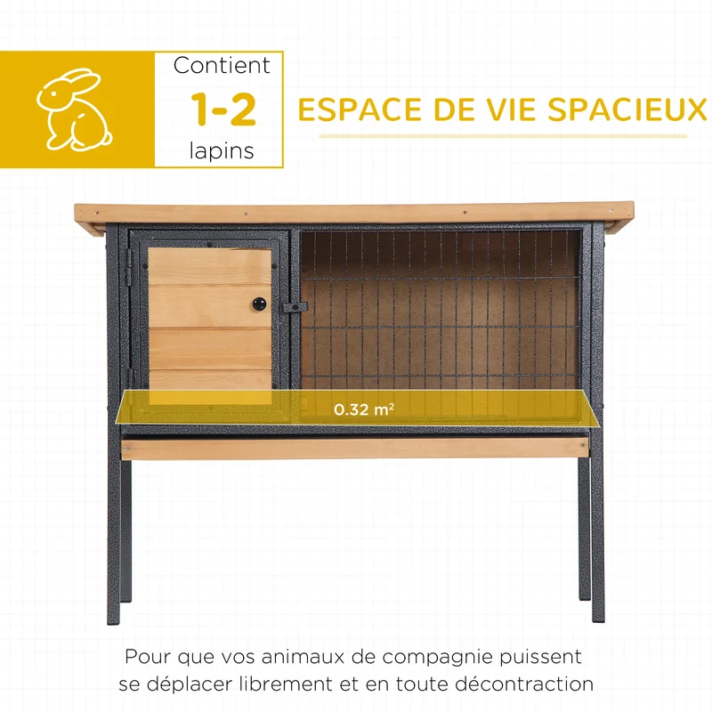 Clapier surélevé pour lapins 91.5 x 45 x 70 cm toit ouvrant plateau coulissant rustique design extérieur en bois naturel 21_0007913
