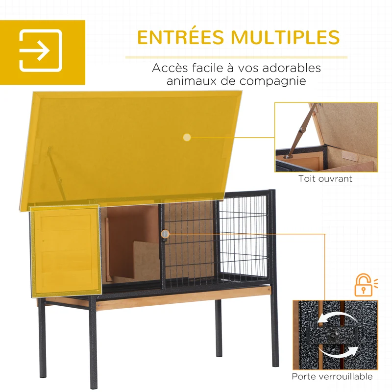 Clapier surélevé pour lapins 91.5 x 45 x 70 cm toit ouvrant plateau coulissant rustique design extérieur en bois naturel 21_0007913