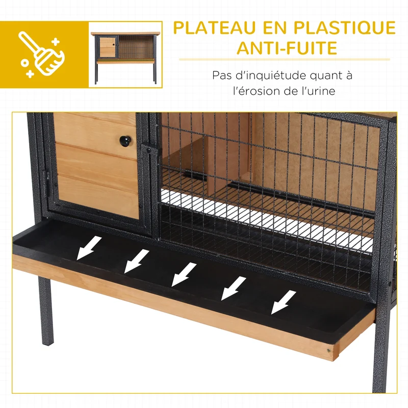 Clapier surélevé pour lapins 91.5 x 45 x 70 cm toit ouvrant plateau coulissant rustique design extérieur en bois naturel 21_0007913