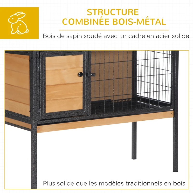 Clapier surélevé pour lapins 91.5 x 45 x 70 cm toit ouvrant plateau coulissant rustique design extérieur en bois naturel 21_0007913