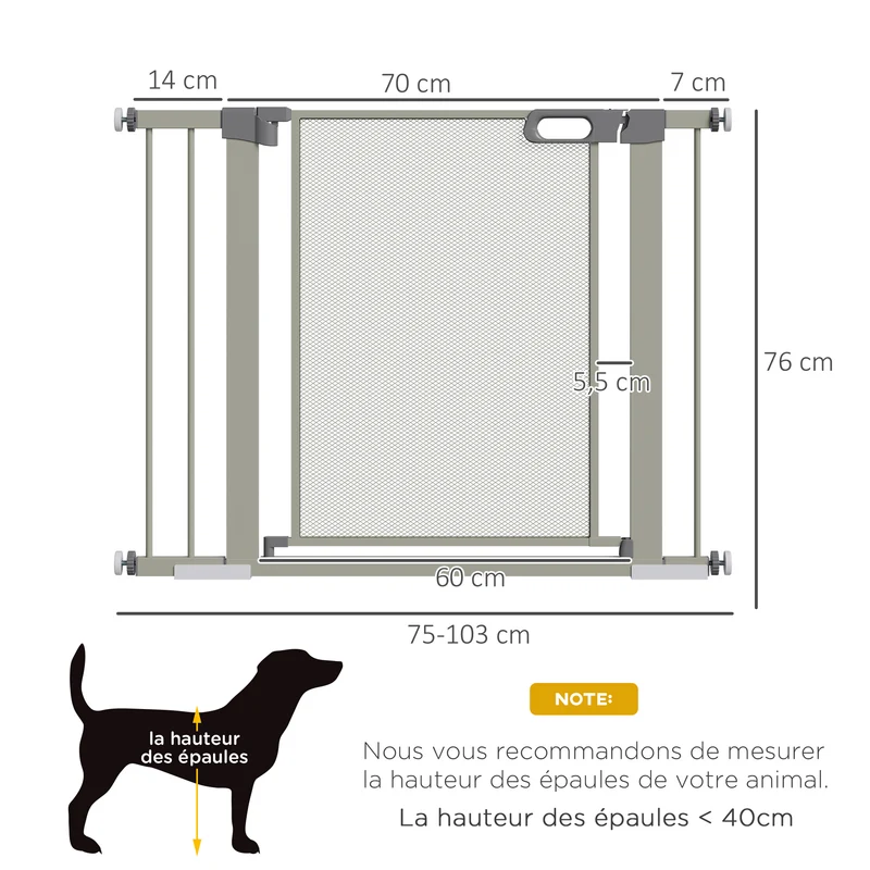 Barrière sécurité animaux escalier 76 x 75-103 x 2 cm fermeture automatique verrou double moderne épuré en acier gris 21_0007446