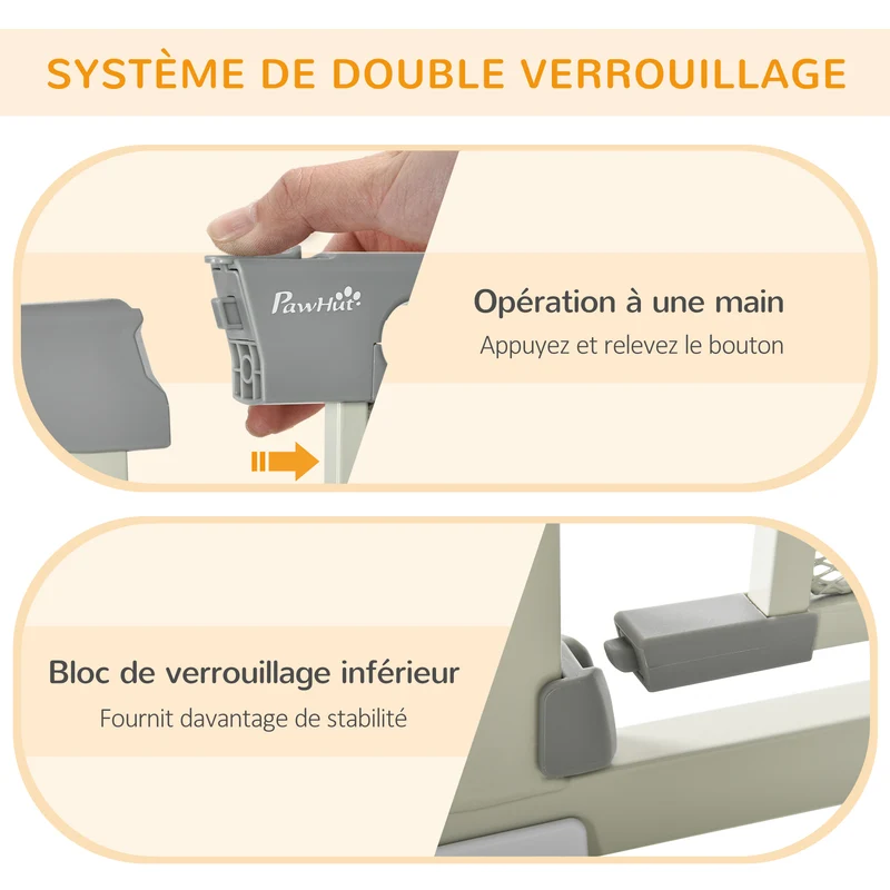 Barrière sécurité animaux escalier 76 x 75-103 x 2 cm fermeture automatique verrou double moderne épuré en acier gris 21_0007446
