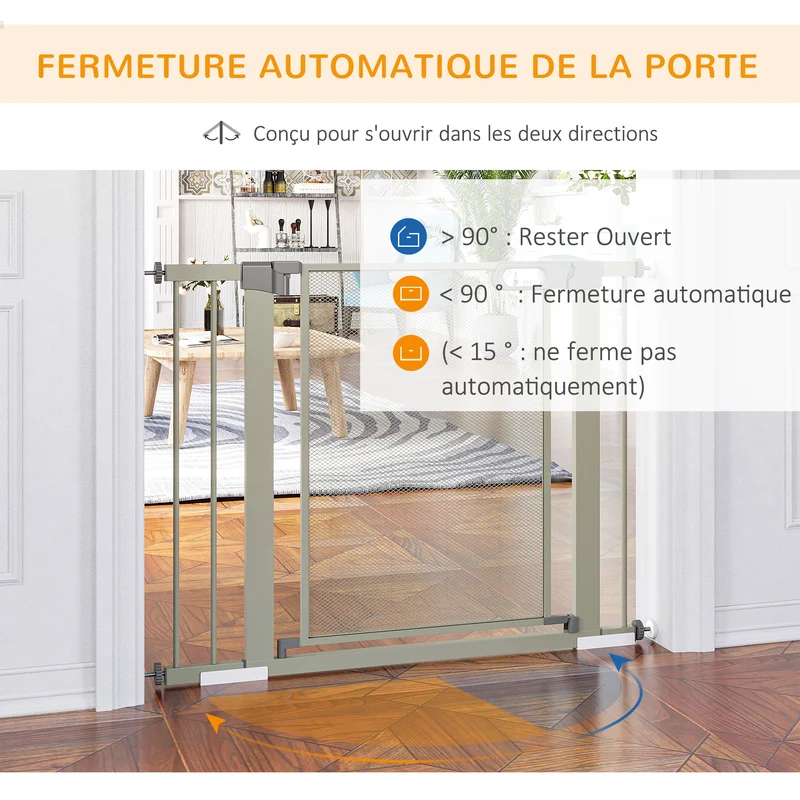 Barrière sécurité animaux escalier 76 x 75-103 x 2 cm fermeture automatique verrou double moderne épuré en acier gris 21_0007446