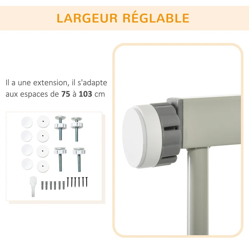 Barrière sécurité animaux escalier 76 x 75-103 x 2 cm fermeture automatique verrou double moderne épuré en acier gris 21_0007446