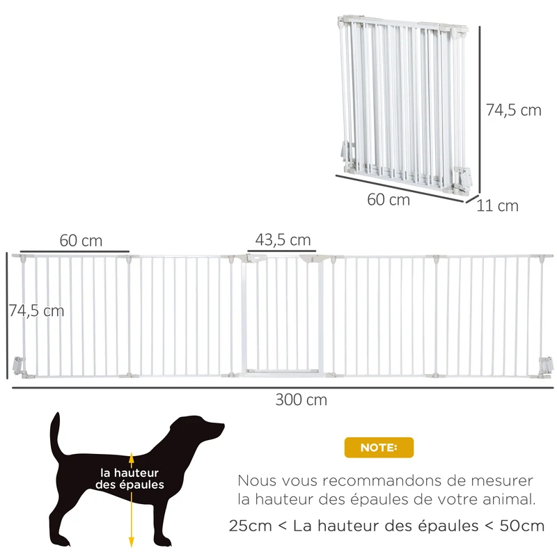 Barrière de sécurité modulable enclos chien 60 x 74.5 x 11 cm porte verrouillable pliable moderne épuré en métal blanc 21_0007415