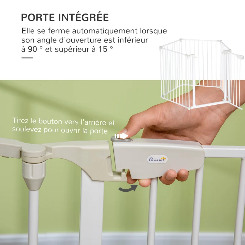 Barrière de sécurité modulable enclos chien 60 x 74.5 x 11 cm porte verrouillable pliable moderne épuré en métal blanc 21_0007415