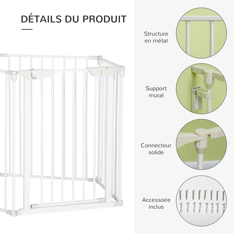 Barrière de sécurité modulable enclos chien 60 x 74.5 x 11 cm porte verrouillable pliable moderne épuré en métal blanc 21_0007415