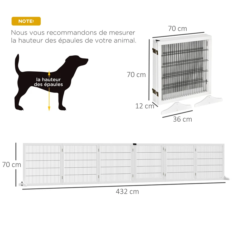 Barrière de sécurité chien modulable 432 x 36 x 70 cm panneaux pliables pieds amovibles stables scandinave en bois blanc 21_0007431