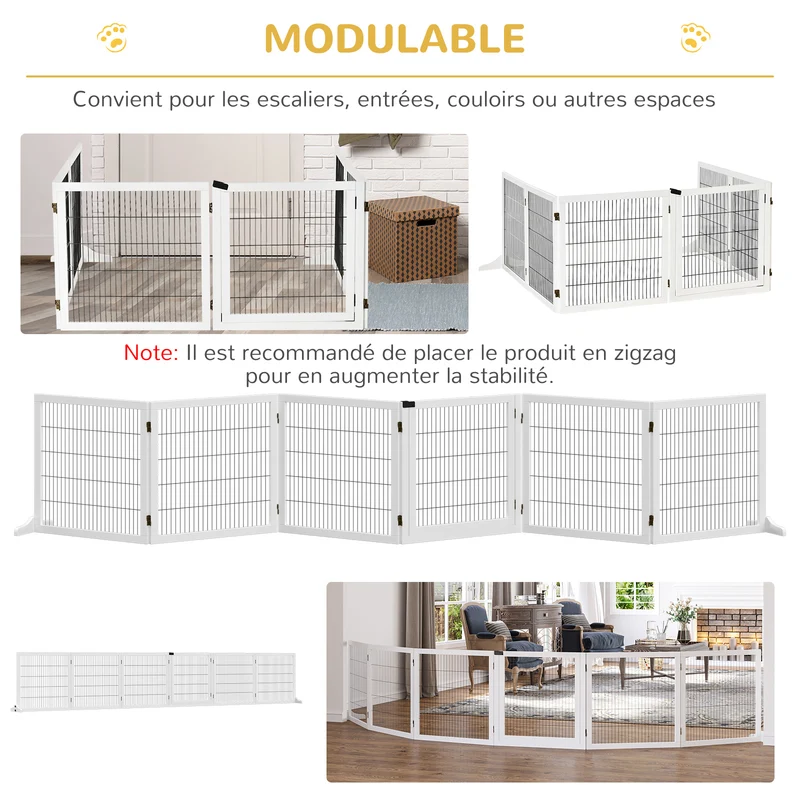 Barrière de sécurité chien modulable 432 x 36 x 70 cm panneaux pliables pieds amovibles stables scandinave en bois blanc 21_0007431