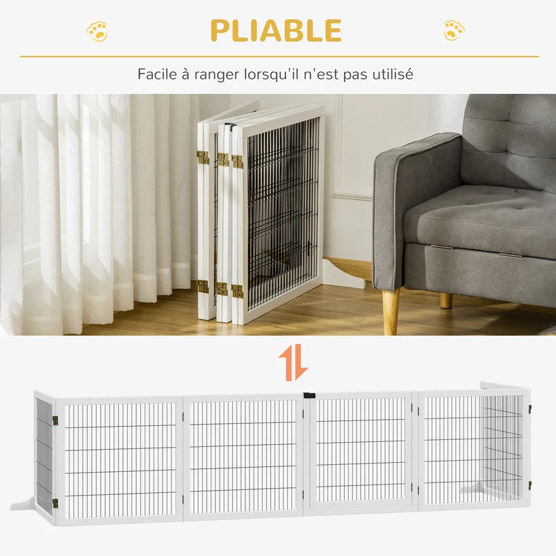 Barrière de sécurité chien modulable 432 x 36 x 70 cm panneaux pliables pieds amovibles stables scandinave en bois blanc 21_0007431