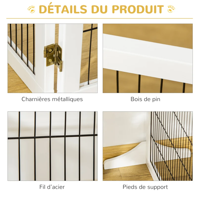 Barrière de sécurité chien modulable 432 x 36 x 70 cm panneaux pliables pieds amovibles stables scandinave en bois blanc 21_0007431