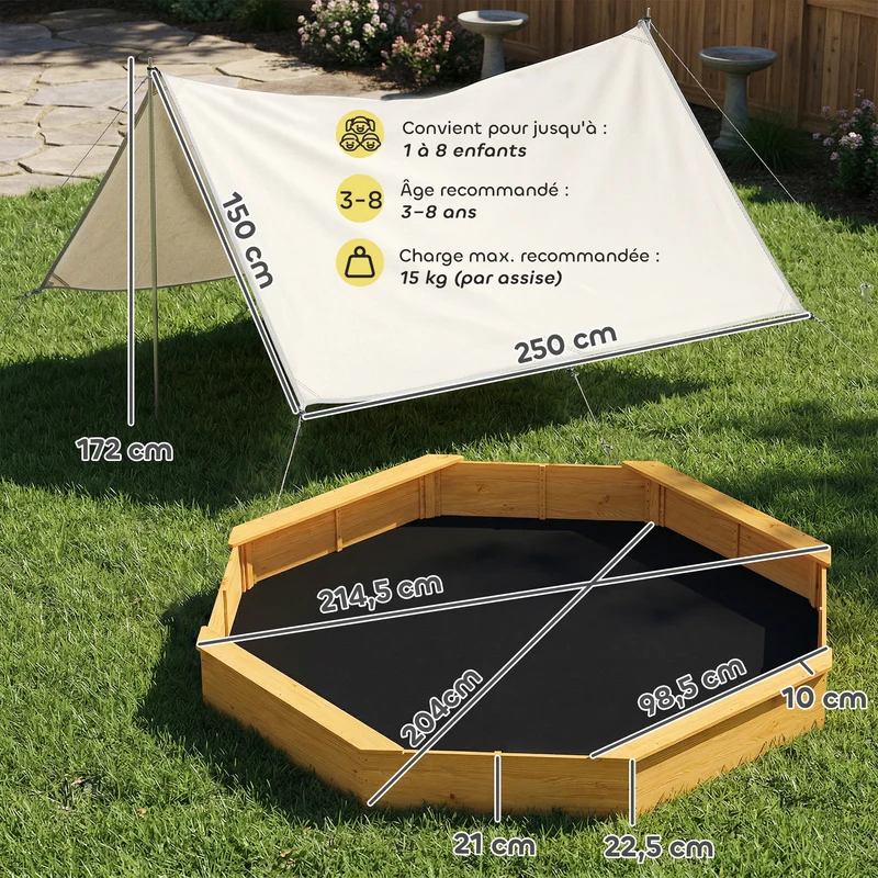 Bac à sable extérieur 214,5 x 214,5 x 22,5 cm auvent protecteur capacité 500 l 4 bancs scandinave en bois de sapin jaune 21_0000355