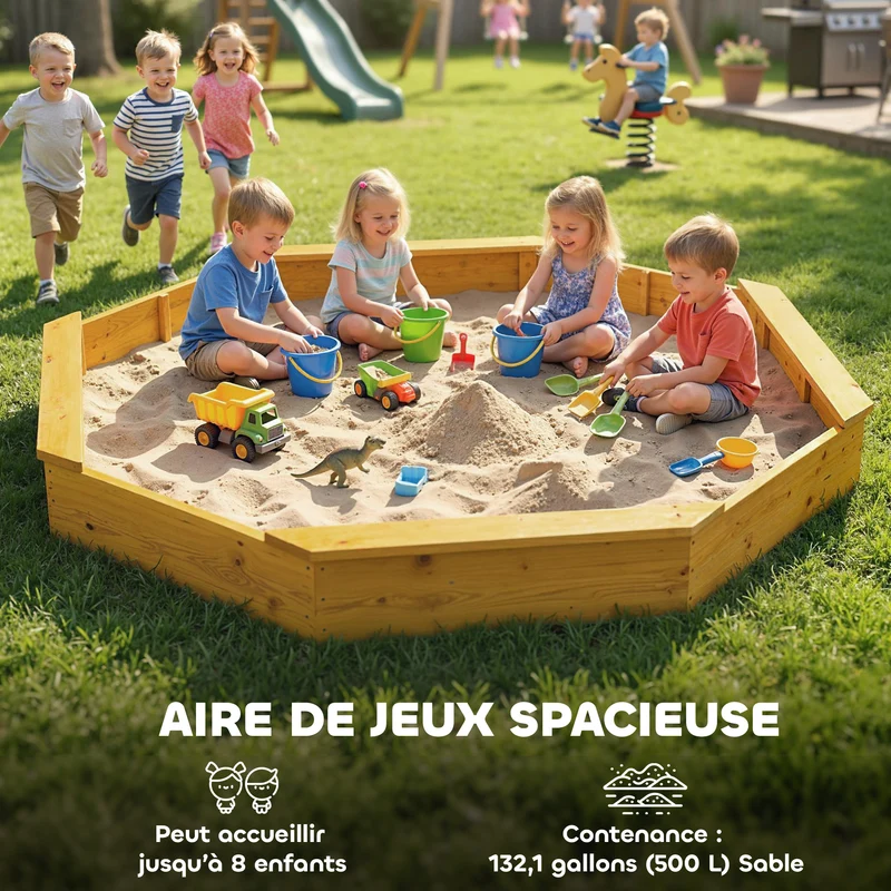 Bac à sable extérieur 214,5 x 214,5 x 22,5 cm auvent protecteur capacité 500 l 4 bancs scandinave en bois de sapin jaune 21_0000355