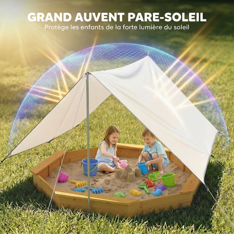 Bac à sable extérieur 214,5 x 214,5 x 22,5 cm auvent protecteur capacité 500 l 4 bancs scandinave en bois de sapin jaune 21_0000355