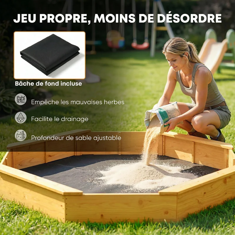 Bac à sable extérieur 214,5 x 214,5 x 22,5 cm auvent protecteur capacité 500 l 4 bancs scandinave en bois de sapin jaune 21_0000355