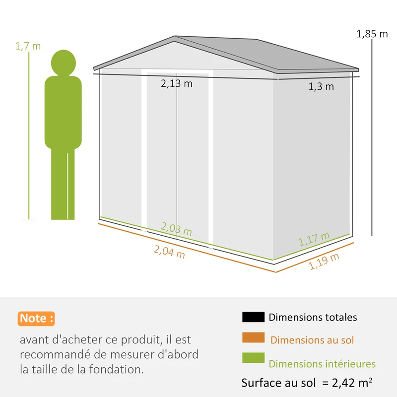 Abri de jardin remise pour outils 213 x 130 x 185 cm sécurisable ventilation style contemporain design en acier kaki 21_0004032