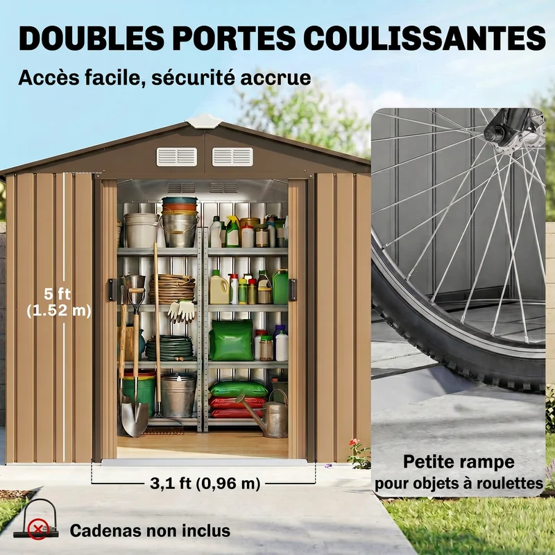 Abri de jardin remise pour outils 213 x 130 x 185 cm sécurisable ventilation style contemporain design en acier kaki 21_0004032