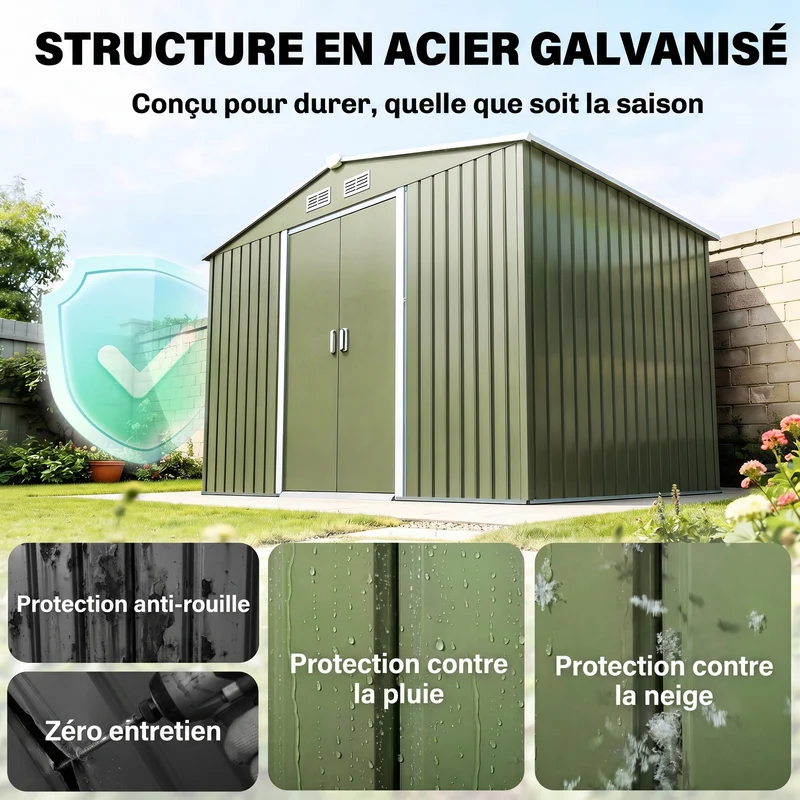 Abri de jardin 277 x 195 x 192 cm porte coulissante ventilation 4 ouvertures industriel en acier galvanisé vert clair 21_0004037