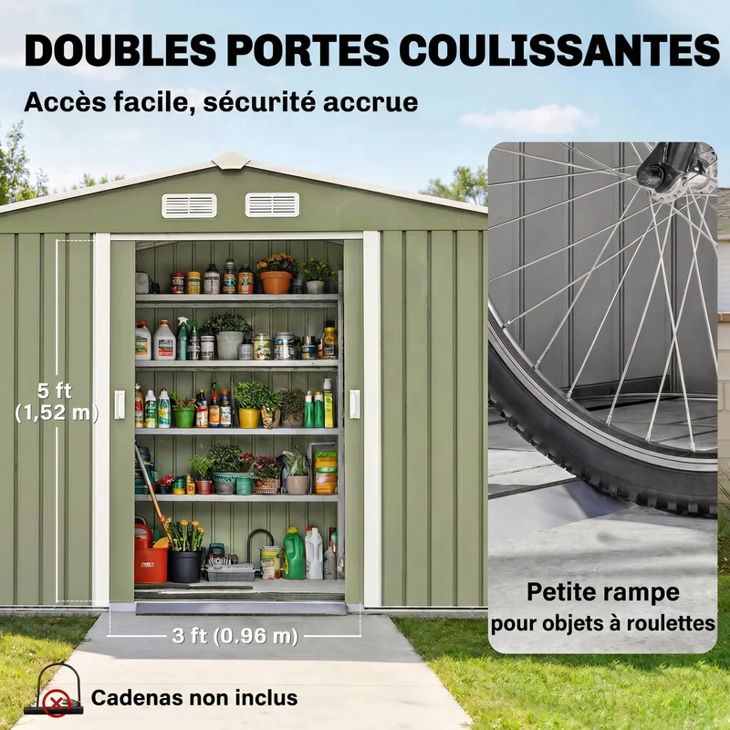 Abri de jardin 277 x 195 x 192 cm porte coulissante ventilation 4 ouvertures industriel en acier galvanisé vert clair 21_0004037