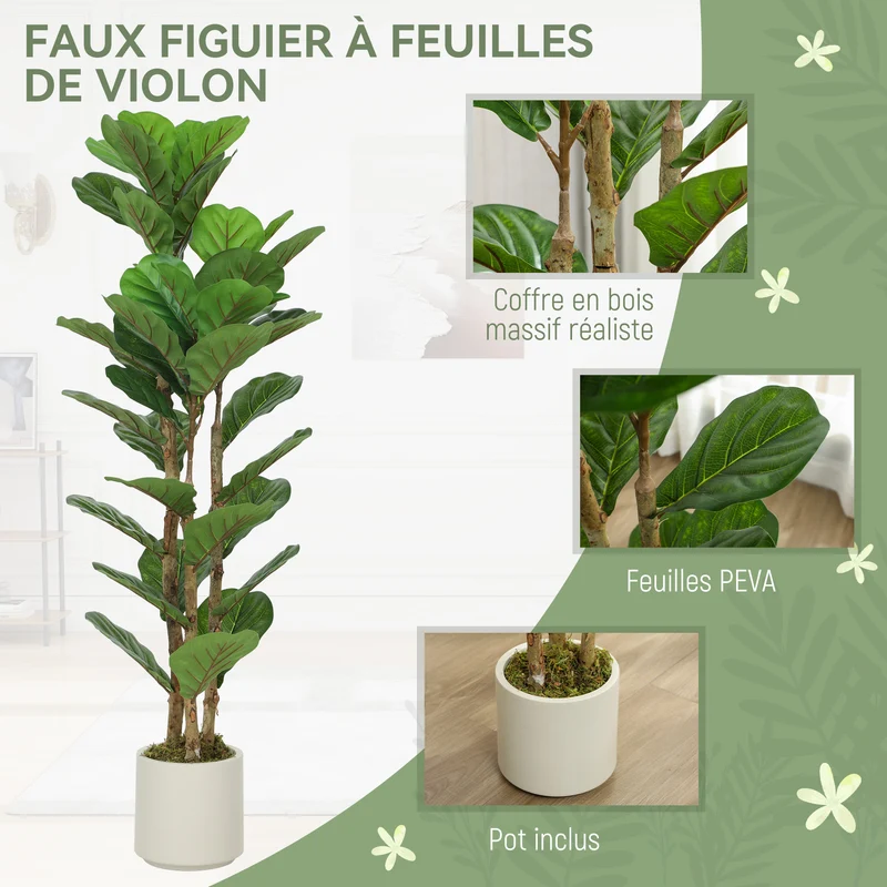 Plante artificielle figuier lyre intérieur 45 x 40 x 120 cm sans entretien feuillage réaliste scandinave en peva vert 21_0003717