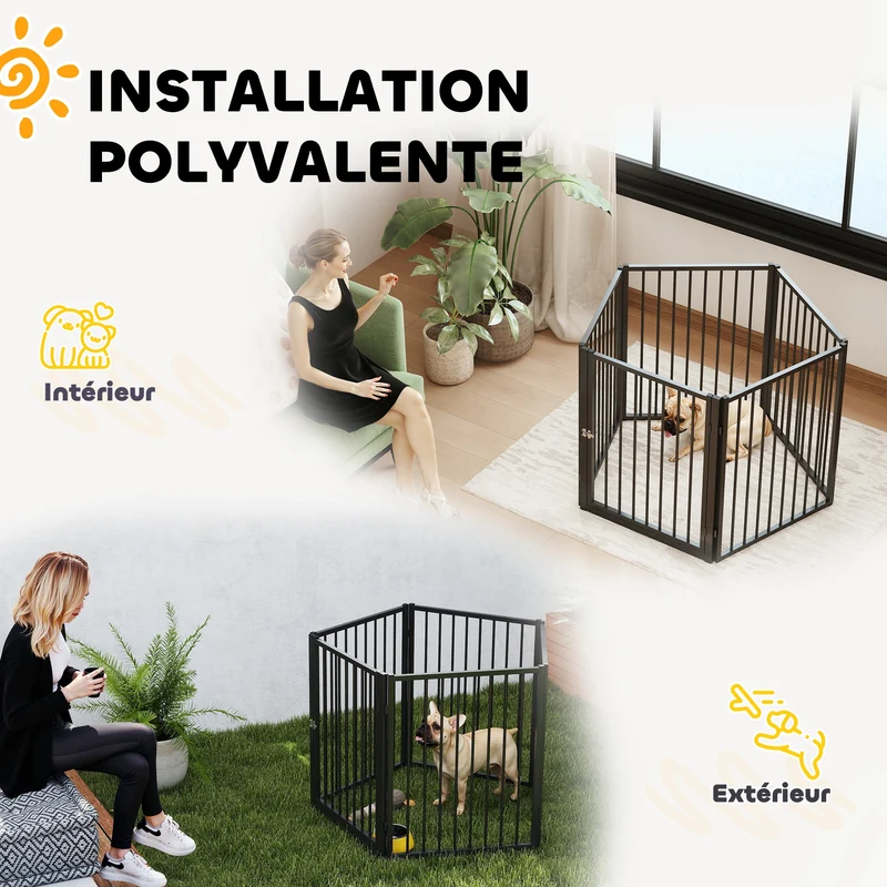 Parc pour chien modulable intérieur extérieur 180 x 60 x 76 cm sécurisé facile à assembler moderne design en acier noir 21_0007466