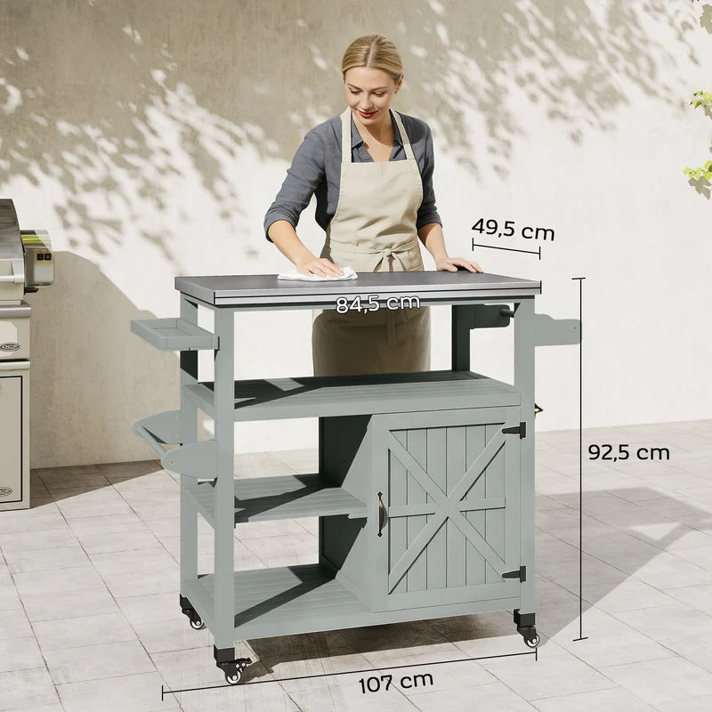 Desserte jardin chariot barbecue sur roulettes 107 x 49.5 x 92.5 cm rangement optimisé mobile contemporain en bois gris 21_0004418