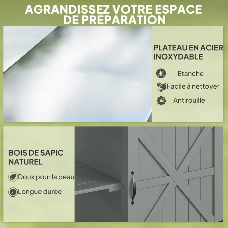 Desserte jardin chariot barbecue sur roulettes 107 x 49.5 x 92.5 cm rangement optimisé mobile contemporain en bois gris 21_0004418