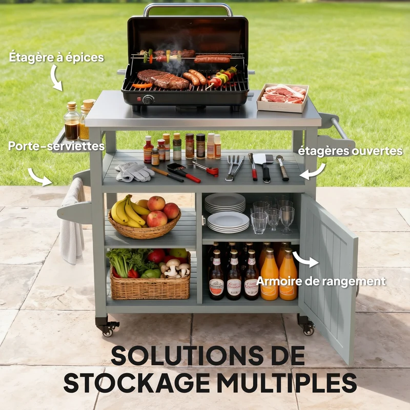 Desserte jardin chariot barbecue sur roulettes 107 x 49.5 x 92.5 cm rangement optimisé mobile contemporain en bois gris 21_0004418