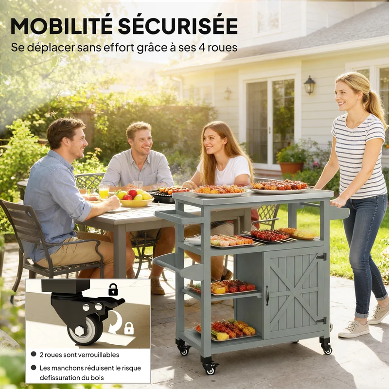 Desserte jardin chariot barbecue sur roulettes 107 x 49.5 x 92.5 cm rangement optimisé mobile contemporain en bois gris 21_0004418