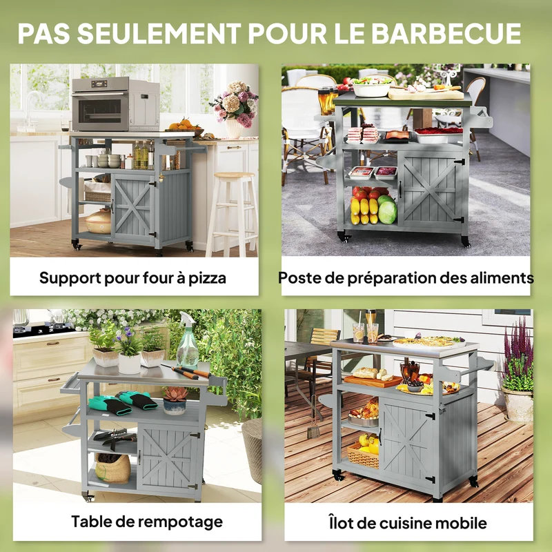 Desserte jardin chariot barbecue sur roulettes 107 x 49.5 x 92.5 cm rangement optimisé mobile contemporain en bois gris 21_0004418