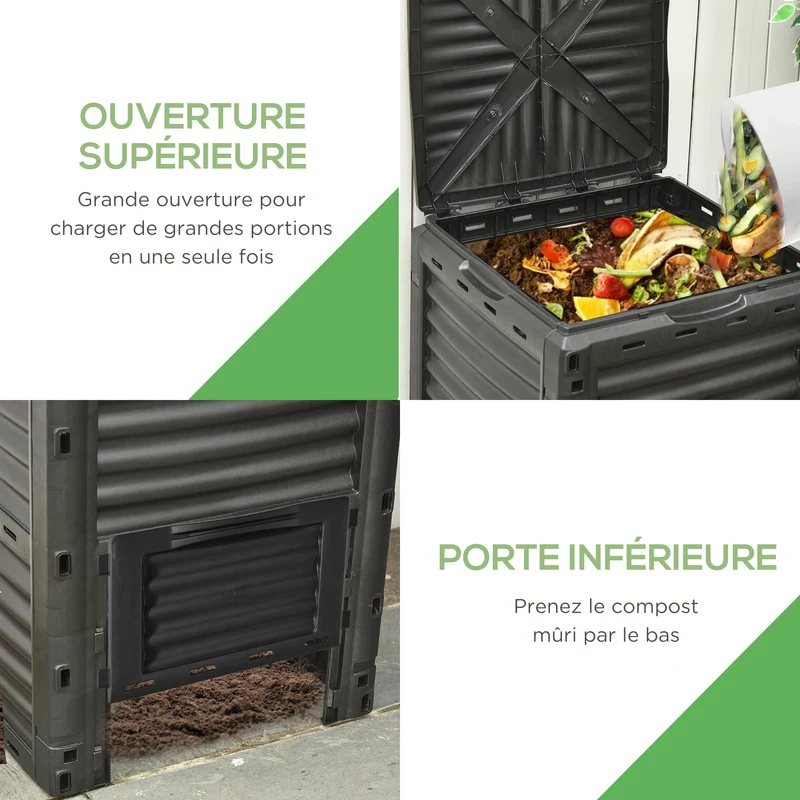 Composteur de jardin 300 l 60.5 x 60.5 x 81.5 cm aération optimisée récupération facile sécurisé design épuré en PP noir 21_0004201