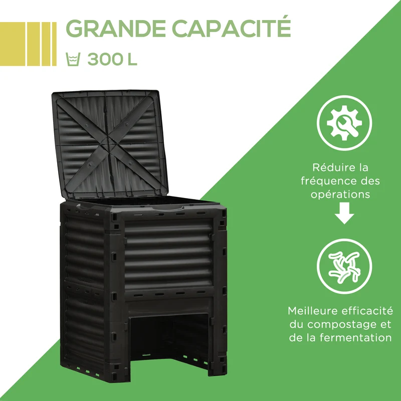 Composteur de jardin 300 l 60.5 x 60.5 x 81.5 cm aération optimisée récupération facile sécurisé design épuré en PP noir 21_0004201