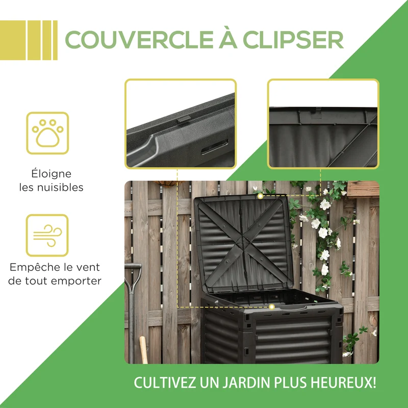 Composteur de jardin 300 l 60.5 x 60.5 x 81.5 cm aération optimisée récupération facile sécurisé design épuré en PP noir 21_0004201